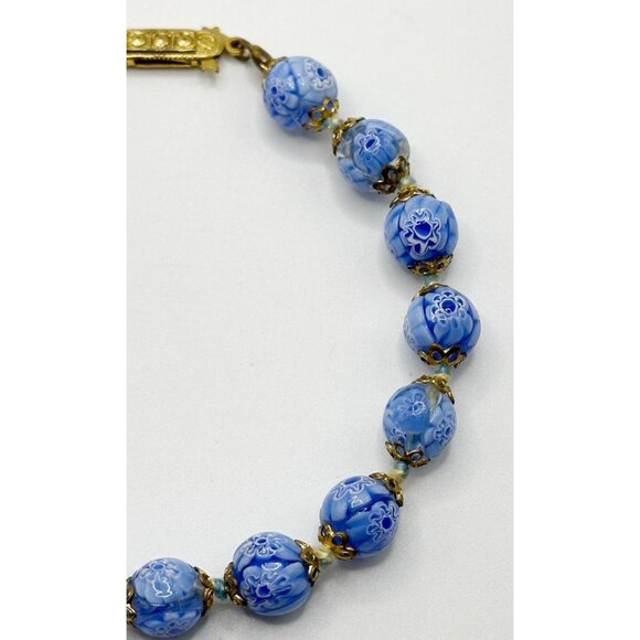 Vintage Blue Venetian Millefiori Glass Beaded Bracelet 8” - Picture 2 of 2